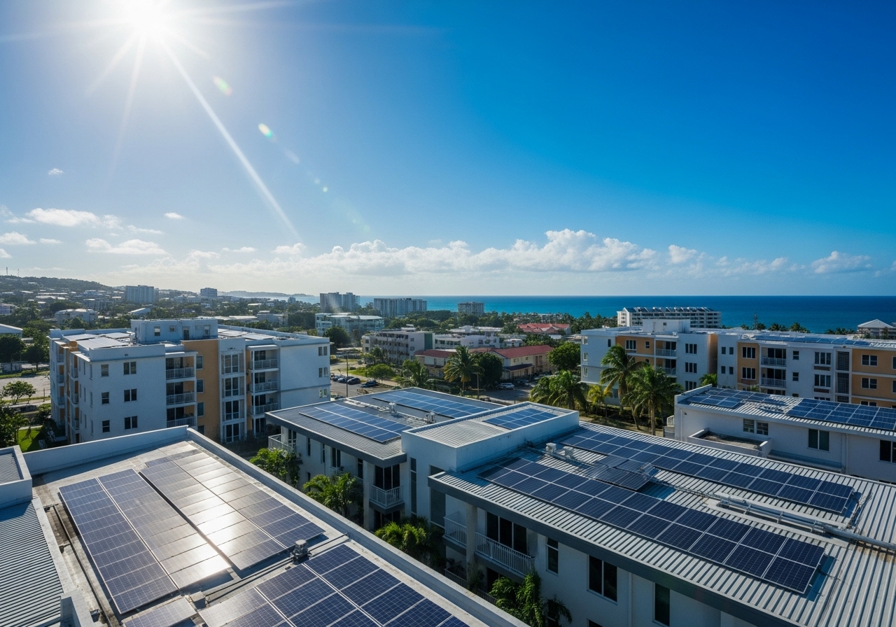Hero image with solar panels in a Jamaican setting